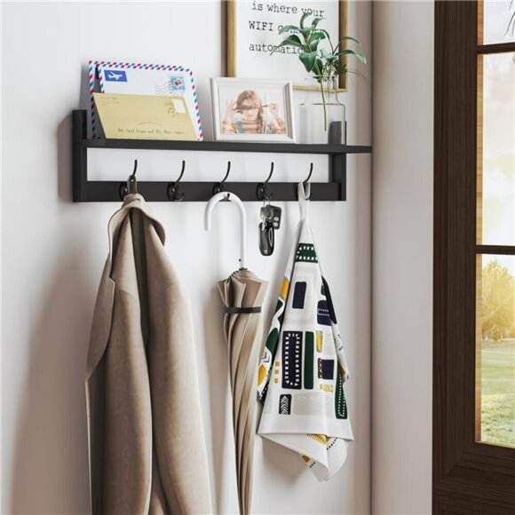 Wall Mounted Shelf With Hooks Entryway Organizer Rack Black Wood Hanging Shelf - Picture 2 of 8
